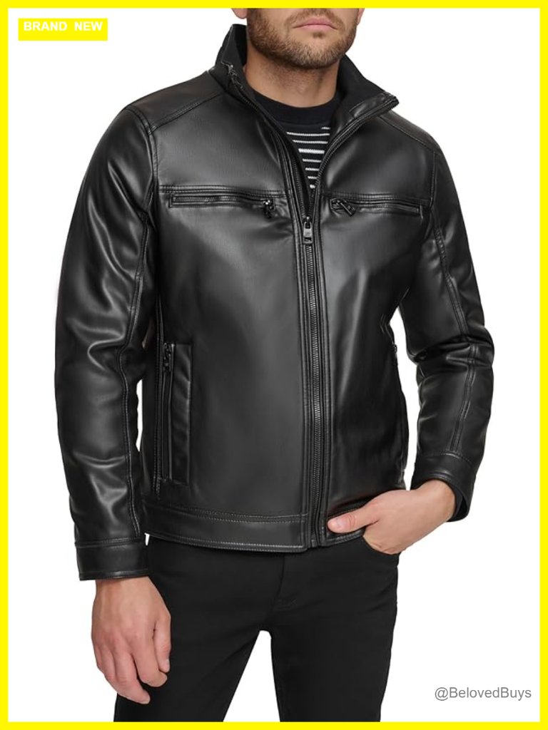 Faux Leather Aviator Jacket With Zipper Closure And Slant Pockets